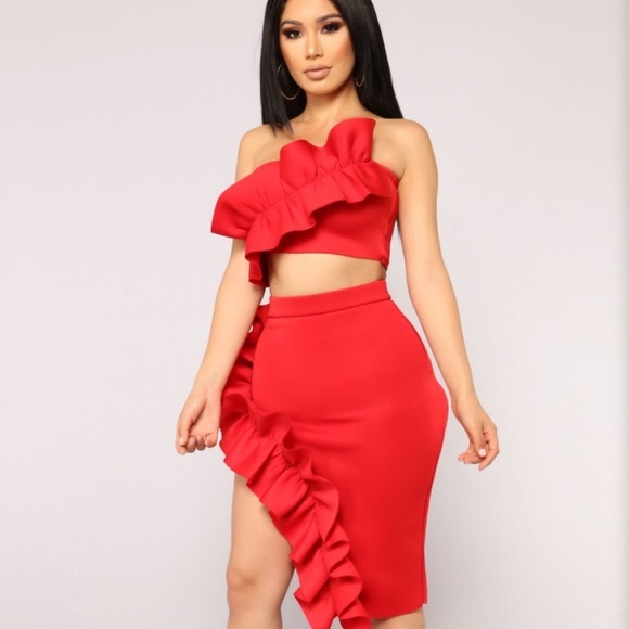 red ruffle two piece set